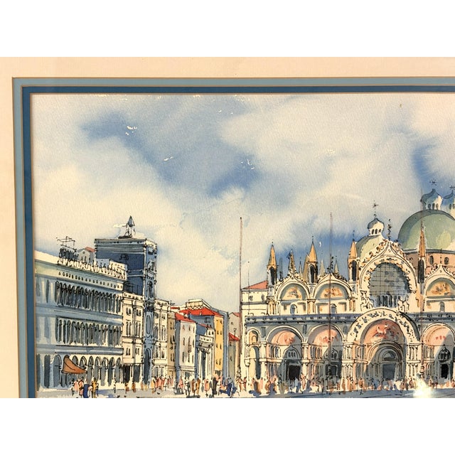 Signed and Framed Original Watercolor Painting of 'The Piazza at San Marco Square' For Sale - Image 9 of 18