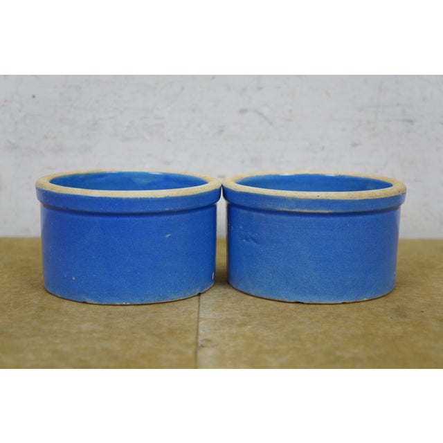 Mid 20th Century 2 Vintage Blue Stoneware Pottery Butter Crock Pots Planter Jars 5" For Sale - Image 5 of 10