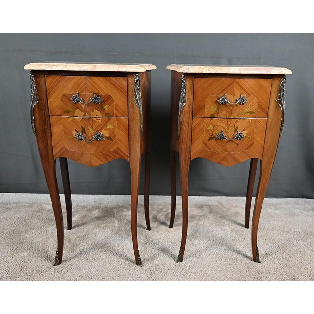 Louis XV Style Marquetry Bedside Tables, Late 20th Century, Set of 2 For Sale - Image 10 of 18