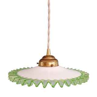Art Deco Pendant Light in White Opaline Glass and Uranium Glass, France, 1920s For Sale