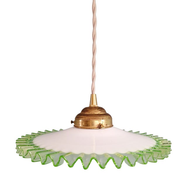 Art Deco Pendant Light in White Opaline Glass and Uranium Glass, France, 1920s For Sale