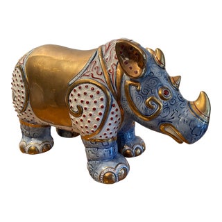 Vintage Cloisonne Enamel Gold Gilt Rhinoceros Rhino Animal Statue For Sale