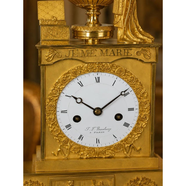 Metal c.1800 Rouchouze Empire Gilt Bronze Mantel Clock For Sale - Image 7 of 18
