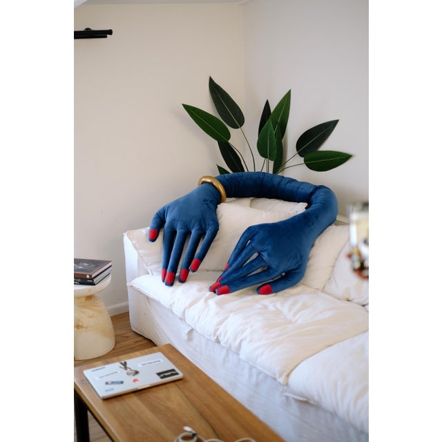 Large Blue Hand Shaped Pillow ,Handmade Velvet Cushion,Unique Decorative Throw Pillow For Sale - Image 6 of 7