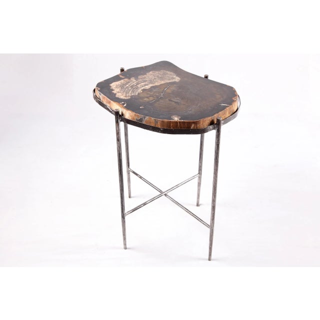 2020s Living Edge Petrified Wood Top W Iron Stand Accent Table or Side Table 49 For Sale - Image 5 of 5