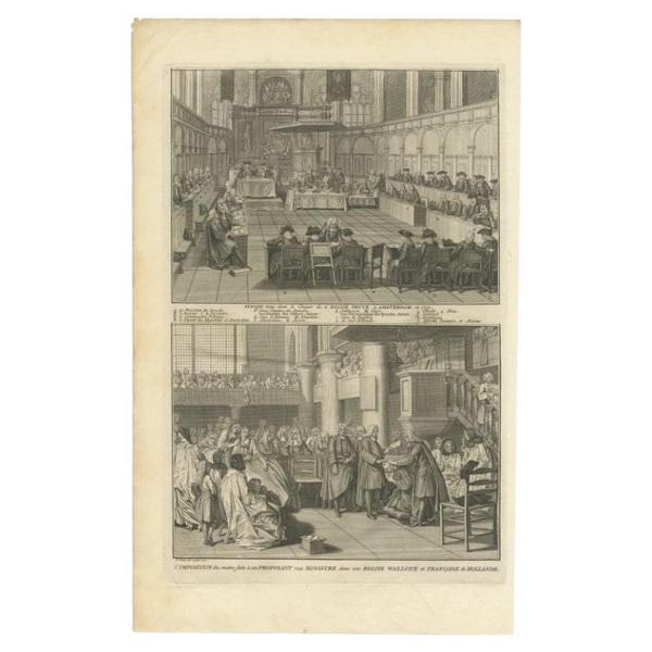 Antique print titled 'Synode tenu dans le Choeur (\.)'. Old print of a meeting of the Dutch Synode in 'De Nieuwe Kerk' in...
