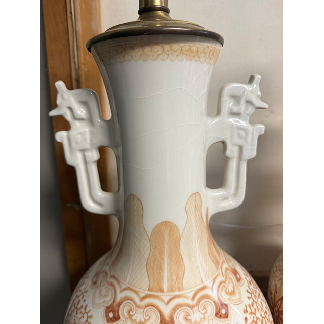 Pair of Large Vintage Crackle Glaze Porcelain Table Lamps With Brass Accents For Sale - Image 9 of 11