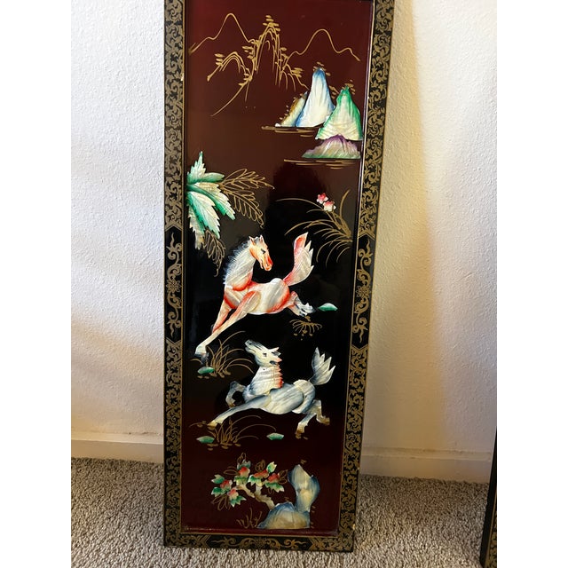 Vintage Mid Century Chinese Mother of Pearl Inlaid Panels With Horses Set 4 For Sale - Image 4 of 7