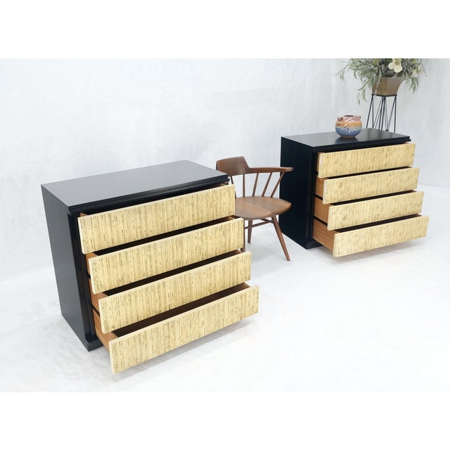 Pair Black Lacquer 4 Drawers "Linen Fold" Fronts Bachelor Chests Dressers MINT For Sale - Image 11 of 12