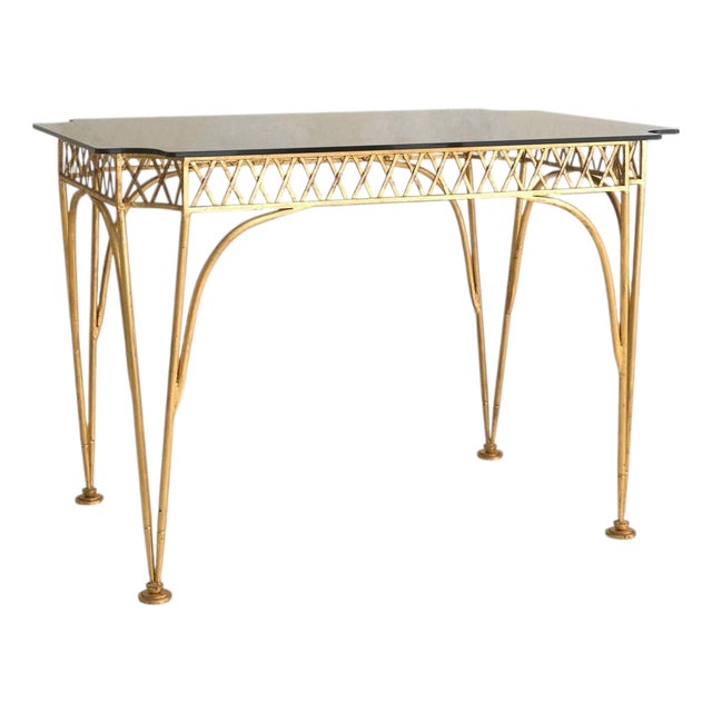 Vintage Italian Gilt Bronze Desk or Dining Table with Smoked Glass Top For Sale