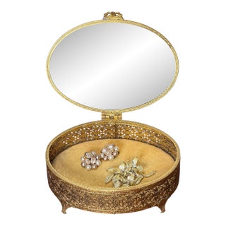 Vintage Hollywood Regency Style Brass Filigree Jewelry Box With Beveled Glass Top For Sale