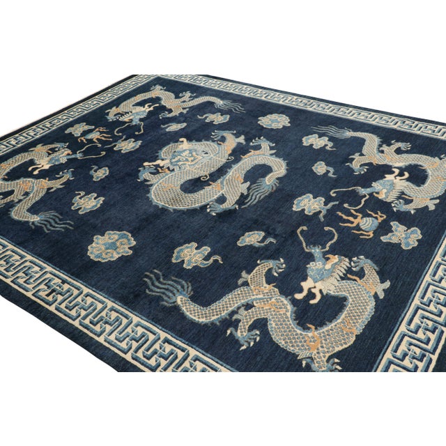 Rug & Kilim Rug & Kilim’s Pictorial Dragon Rug in Navy Blue, With Geometric Borders For Sale - Image 4 of 7