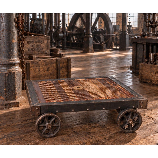 A heavy industrial cart featuring a robust iron and steel framework with large spoked wheels and a wooden slat tambour...