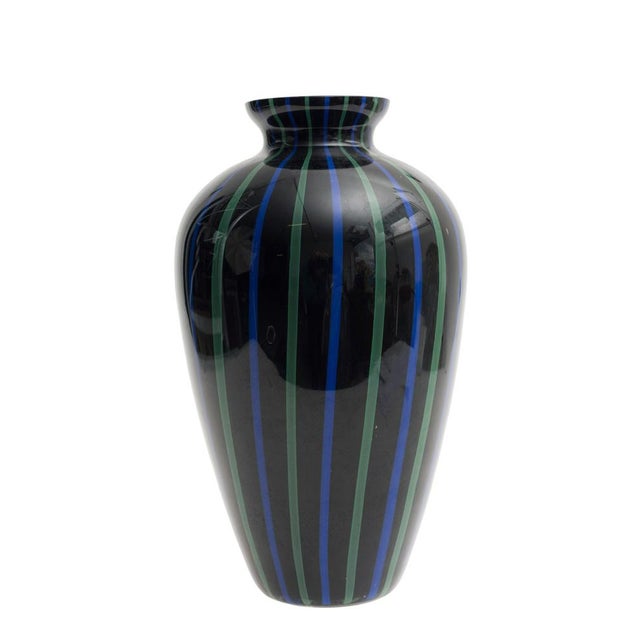 Murano Glass Vase in Black with Green and Blue Lines, Italy, 1970s For Sale - Image 3 of 5