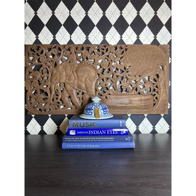 Brown Hand-Carved Thai Teak Elephant & Rider Wall Panel With Floral Openwork, Large 36" For Sale - Image 8 of 13