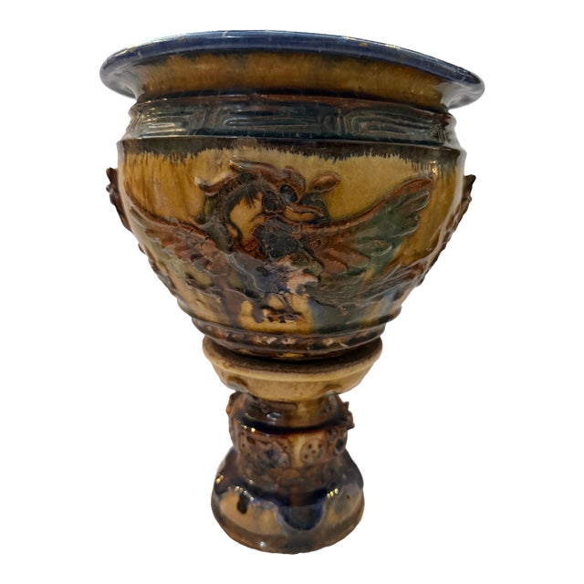 Vintage Majolica Style Pedestal Jardinière Planter With Figural Relief For Sale