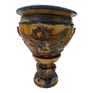 Vintage Majolica Style Pedestal Jardinière Planter With Figural Relief