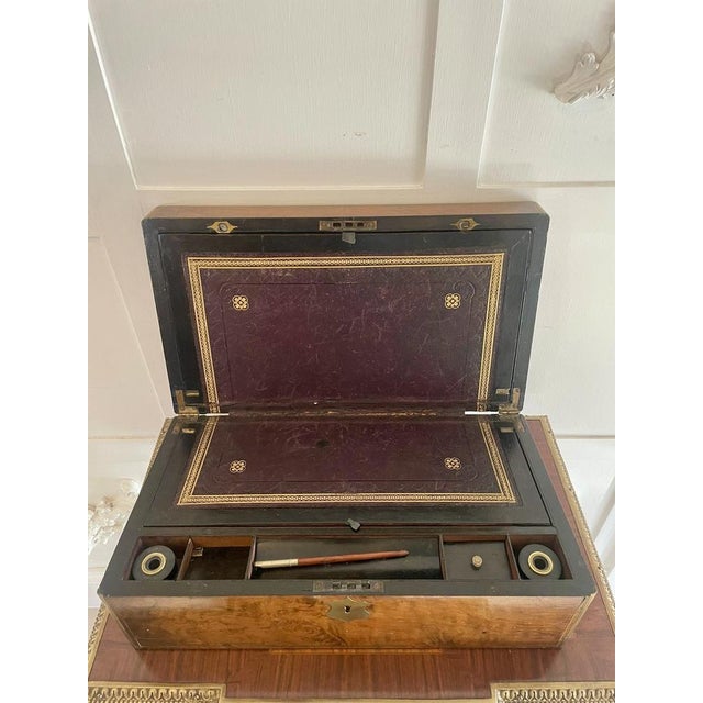 Victorian Burr Walnut Brass Bound Writing Box, 1878 For Sale - Image 6 of 14