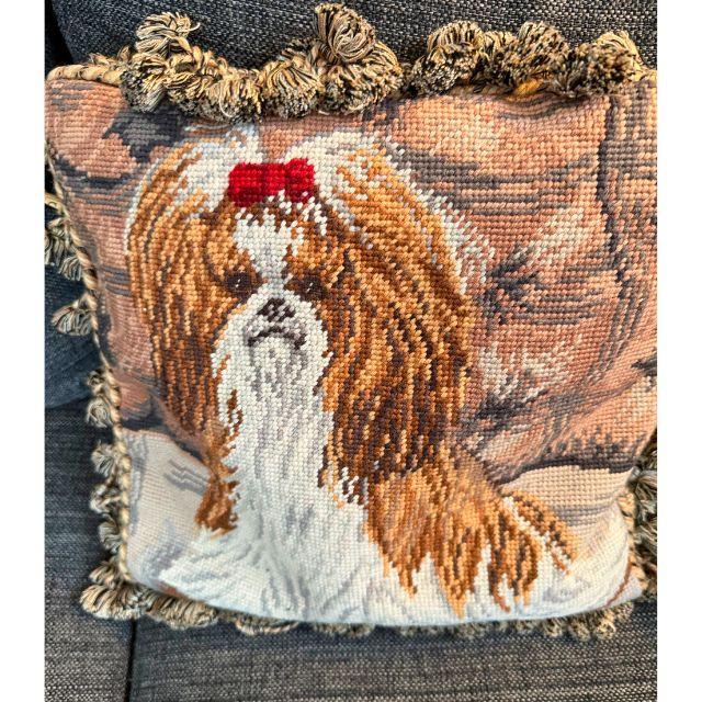 Late 20th Century, Shih Tzu Handcrafted Needlepoint, Throw Pillows, Pair (2) For Sale - Image 10 of 11