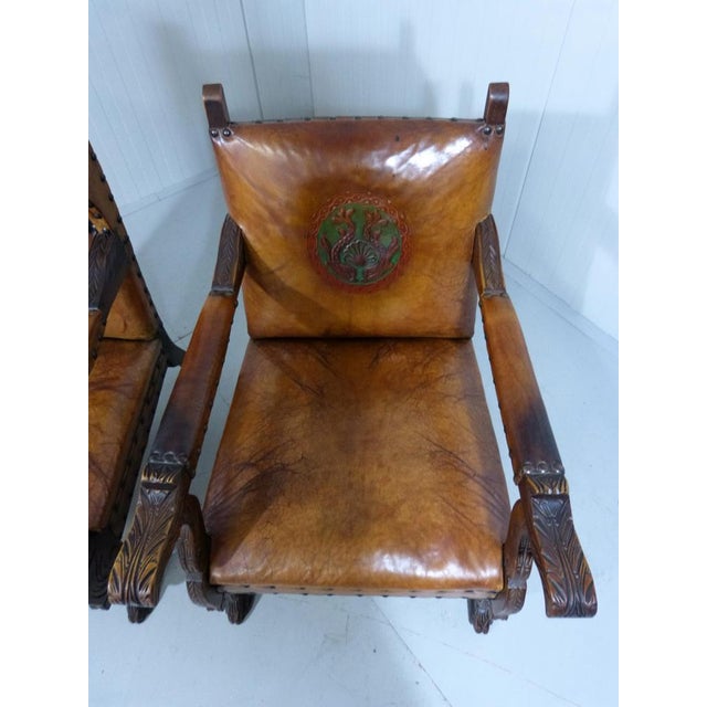 Set of Antique Leather Armchairs with Carps Print, 1890s For Sale - Image 16 of 18