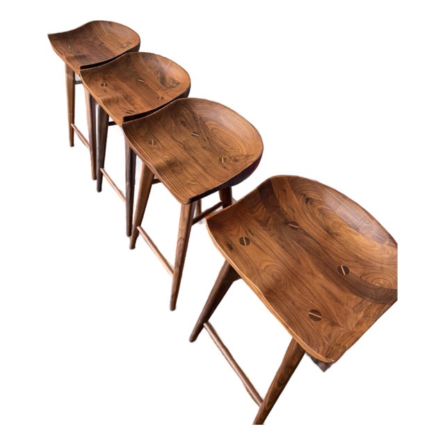 Set of 4 High End Solid Walnut Tractor Counter Stools For Sale