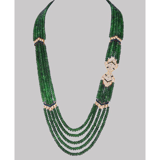 300 Carat 5-Strand Emerald Necklace with 4.8 Carat Diamond & Enamel in 14k Gold For Sale - Image 16 of 18