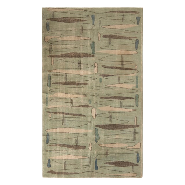 Hand-Knotted Vintage Deco Rug in Green, Beige-Brown Geometric Pattern For Sale In New York - Image 6 of 6