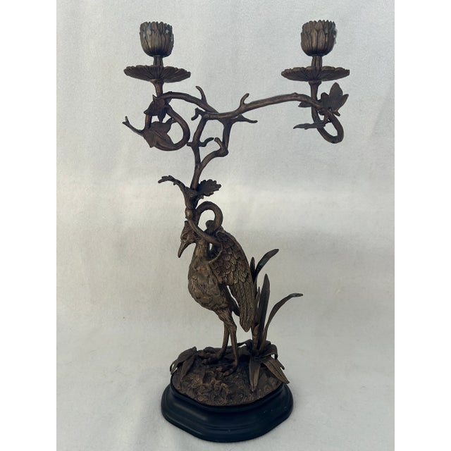 Japonisme Late 20th Century Detailed Bronze Crane With Foliage Candlabra For Sale - Image 3 of 9