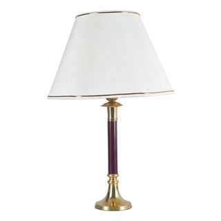 Vintage Brass Table Lamp with Burgundy Column and White Shade, 1980s For Sale