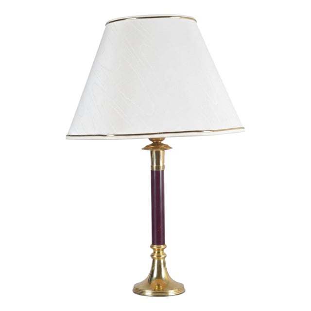 Vintage Brass Table Lamp with Burgundy Column and White Shade, 1980s For Sale