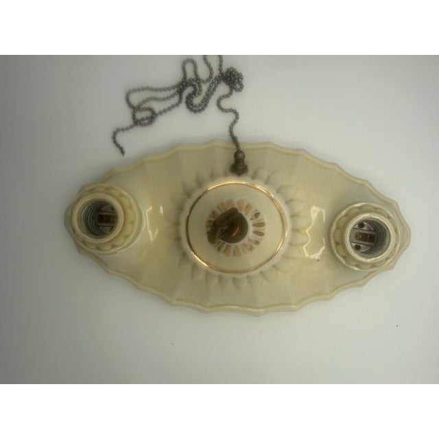 Vintage Art Deco Ivory & Gold Porcelain Pull-Chain Ceiling Light For Sale - Image 4 of 11