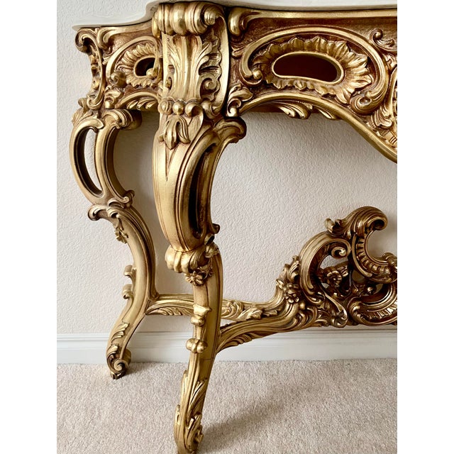 French French Louis XV Style Vintage Giltwood Rococo Carved Console Table Vintage For Sale - Image 3 of 15