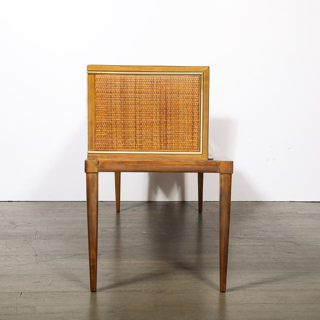 Mid-Century Brass Lined Walnut Settee W/ Cane Detailing & Holly Hunt Upholstery For Sale - Image 13 of 18