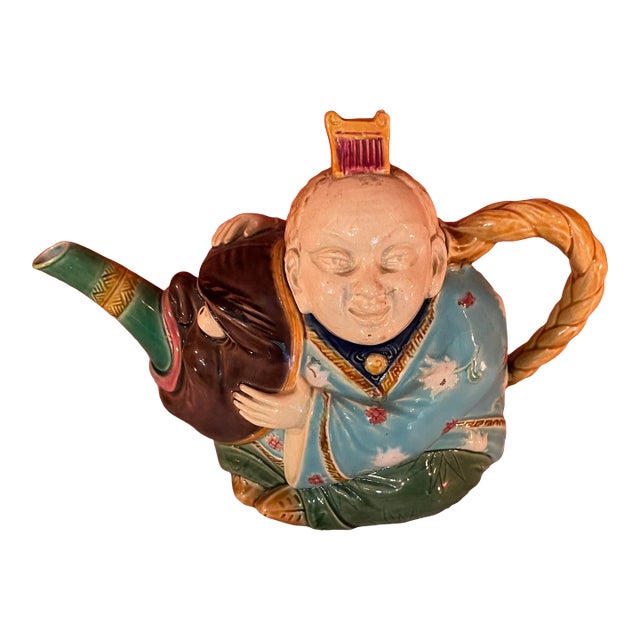 19th-Century Majolica Minton Chinese Man Figural Teapot For Sale