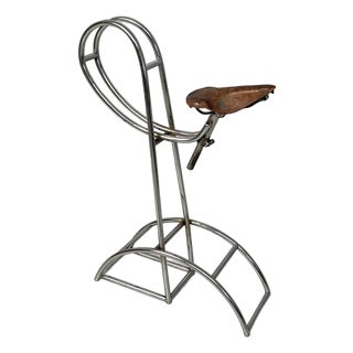 Italian Bar Stool with Brown Leather Bicycle Seat and Chromed Metal, 1970s For Sale