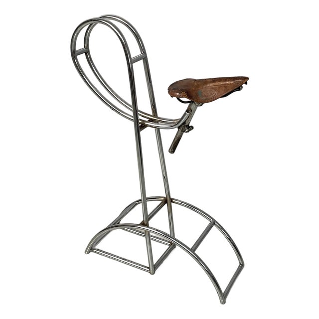 Italian Bar Stool with Brown Leather Bicycle Seat and Chromed Metal, 1970s For Sale