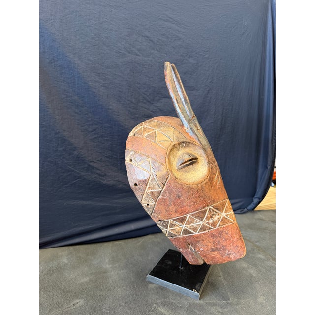Wood Vintage African Kwele-Style Hand-Carved Wood Antelope Mask on Stand For Sale - Image 7 of 8
