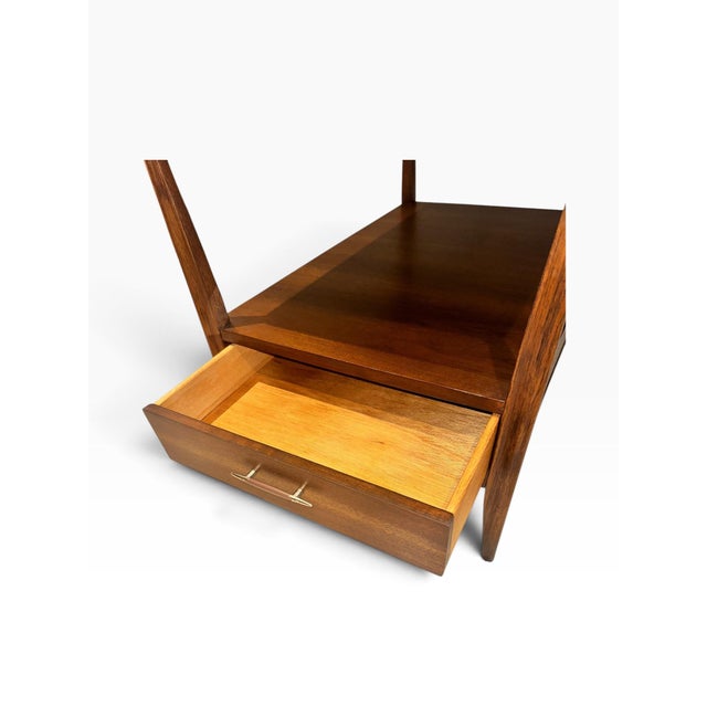 Broyhill Saga Collection 1960’s - Restored Vintage Mid-Century Modern Walnut Two-Tier Broyhill Saga End Table With Drawer & Original Hardware - Rare For Sale - Image 10 of 12