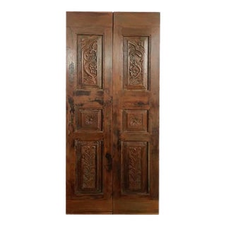 Vintage Doors Floral Carved Wood French Double Doors, 80x30 For Sale