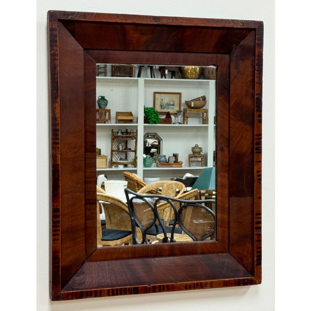 Vintage rectangular thick wood framed wall mirror. Primitive in style with a gorgeous patina and almost tiger wood grain....
