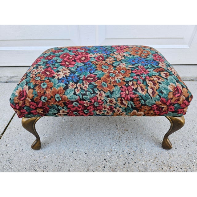 Mid-Century Modern Floral Print Footstool With Brass Colored Legs For Sale - Image 3 of 10