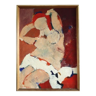 Mid-Century Modern 'Reclining Figure in Red' Abstract Figurative Oil Painting by Swedish Artist Hans Osswald (1919-1983), Framed For Sale