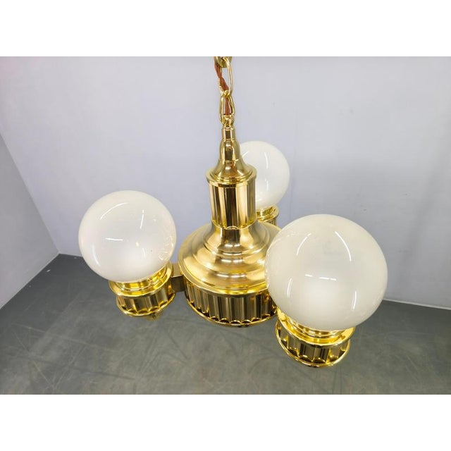 Art Deco Brass and Opaline Glass Chandelier, Czechoslovakia, 1930s For Sale - Image 6 of 12