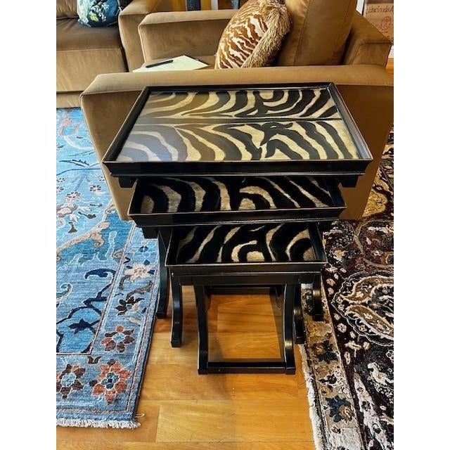 Hooker Set of 3 Hand Painted Nesting Zebra Tables, Black and Cream. Unmarked. Large: 22" W x 17" D x 24" H Medium: 17" W x...
