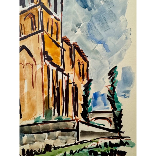 Rustic Henry Emil Salloch Original Watercolor on Paper Romanesque Tower. For Sale - Image 3 of 4