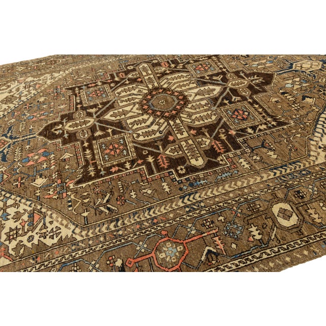 19th Century Antique Serapi Heriz Rug With Geometric Medallion in Camel For Sale In New York - Image 6 of 12