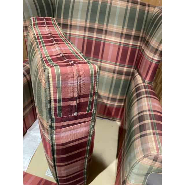 English Custom Calico Corners Tartan Plaid & Wood Wingback Chairs, English Country - A Pair For Sale - Image 3 of 12