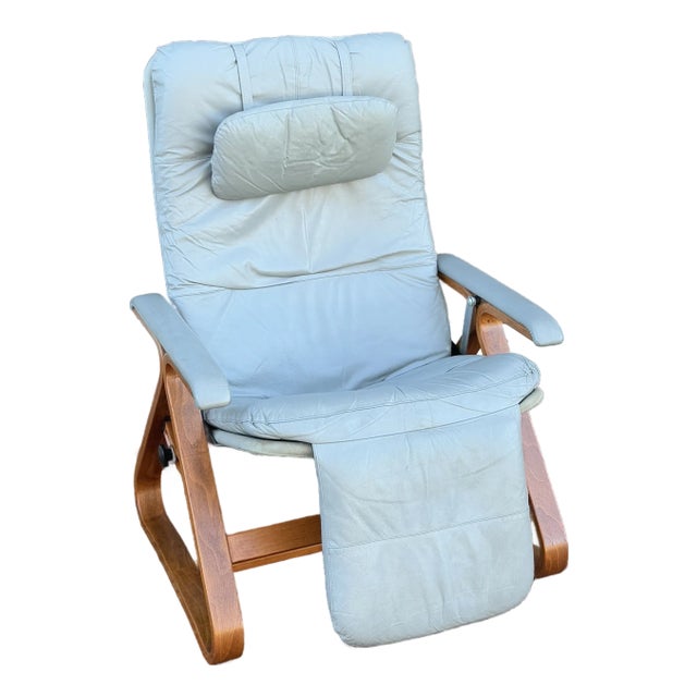 Mid Century Modern Plycraft Zero Gravity Reclining Lounge Chair in Gray Leather & Canvas For Sale