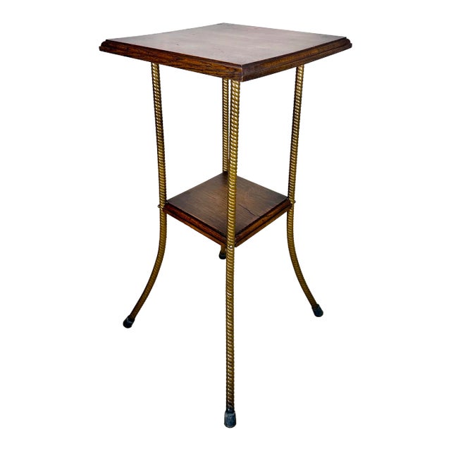 Antique Arts & Crafts Oak and Gilt Metal Two-Tier Plant Stand For Sale