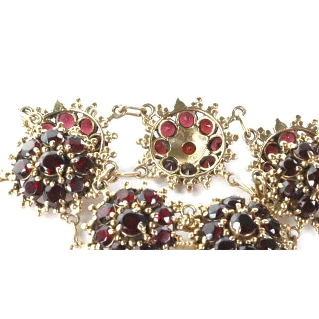 Estate Garnet 14k YGold 7 Rosette Links 22mm Wide Fancy Bracelet For Sale In Miami - Image 6 of 6